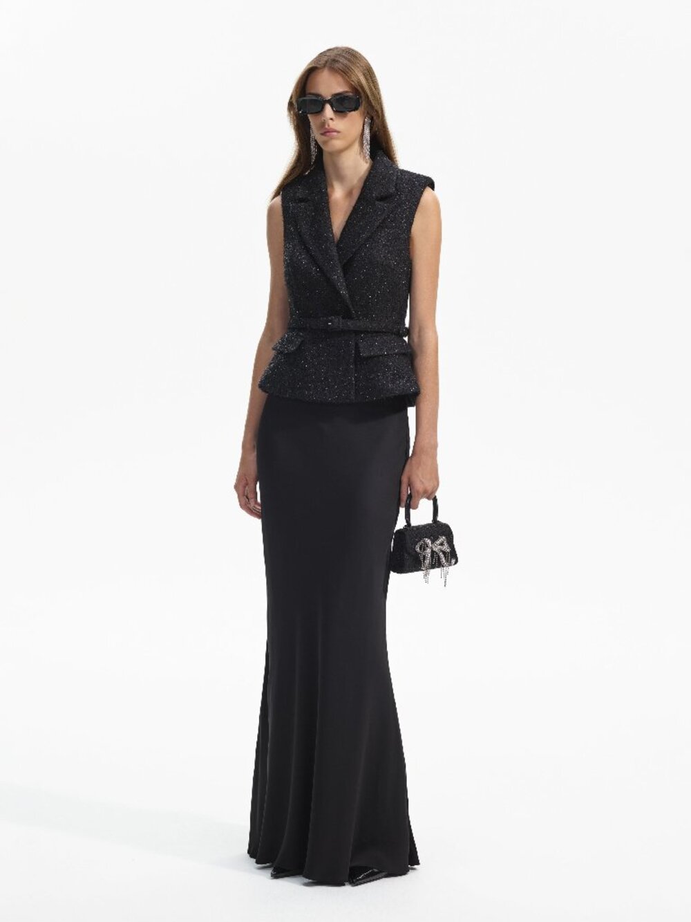 Self-Portrait black bouclé vest & silk maxi skirt set NWT size 2 formal gown